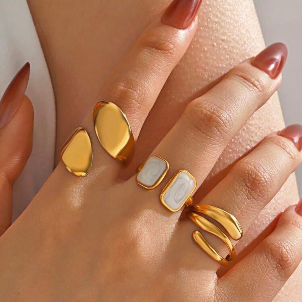 Gold Plated Stainless Steel White Stone Adjustable Ring Set – 3pcs